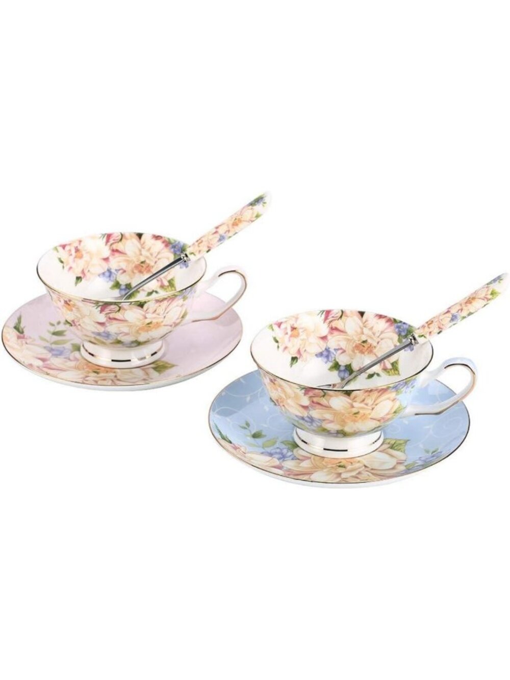 Charming Floral Tea Cup & Saucer Set, Blue/Pink, 7oz - Elegant Bone China